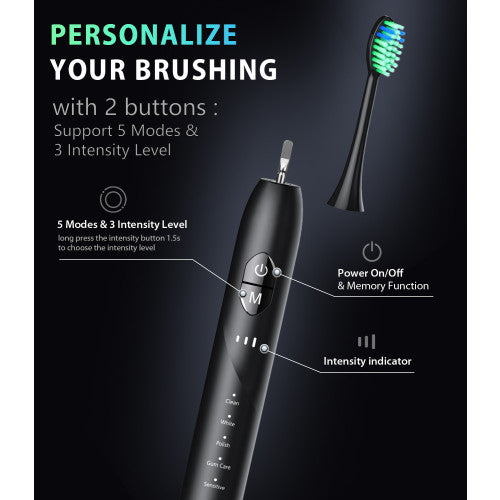 BAOVERI Electric Toothbrush with 8 Brush Heads for Adults&Kids, Ultrasonic Electric Toothbrushes, 5 Modes & 3 Intensity Levels