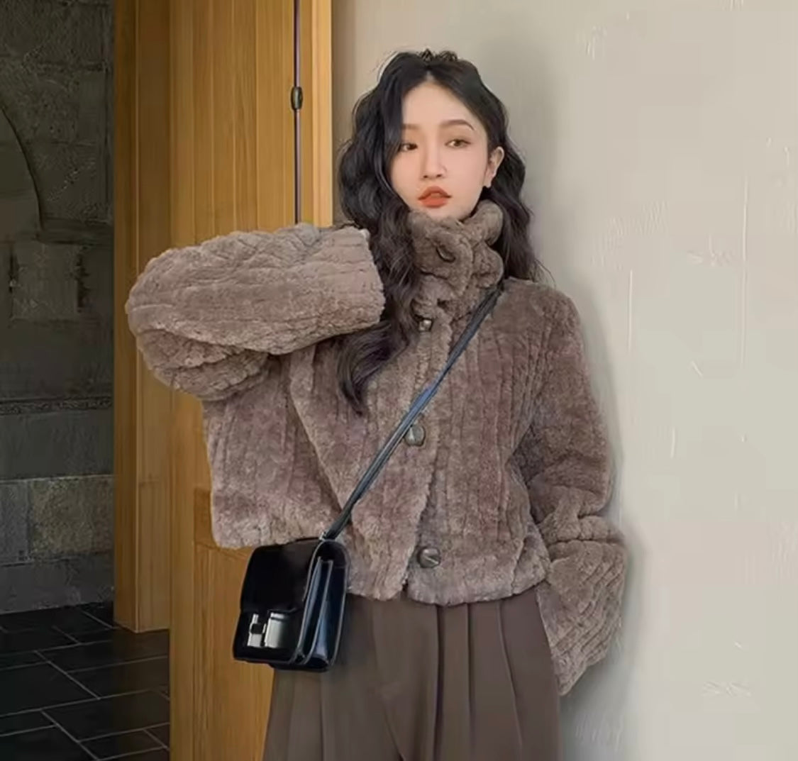 Rimocy Winter Warm Lambswool Coats Women Fashion Korean Padded Cotton Outerwear Woman Stand Collar Cropped Jacket Female