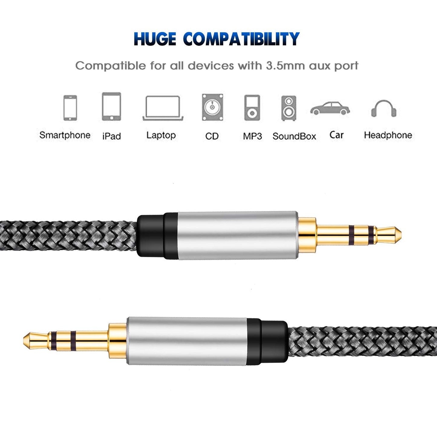 3.5mm Nylon Braided Aux Cable 15Ft, Audio Auxiliary Input Adapter Male to Male Cord for Headphones, Car, Home Stereos, Speaker, iPhone, iPad, iPod & More(15Ft/5M, Silver)