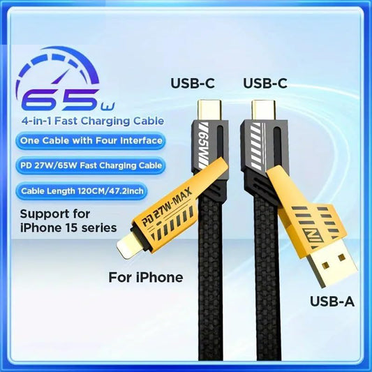4-in-1 USB-C Cable, PD 65W Fast Charging Cable & Data Sync,Flat Braided Charger Cord with Type C/USB A for Laptop iPhone iPad MacBook Samsung ect-1 meter