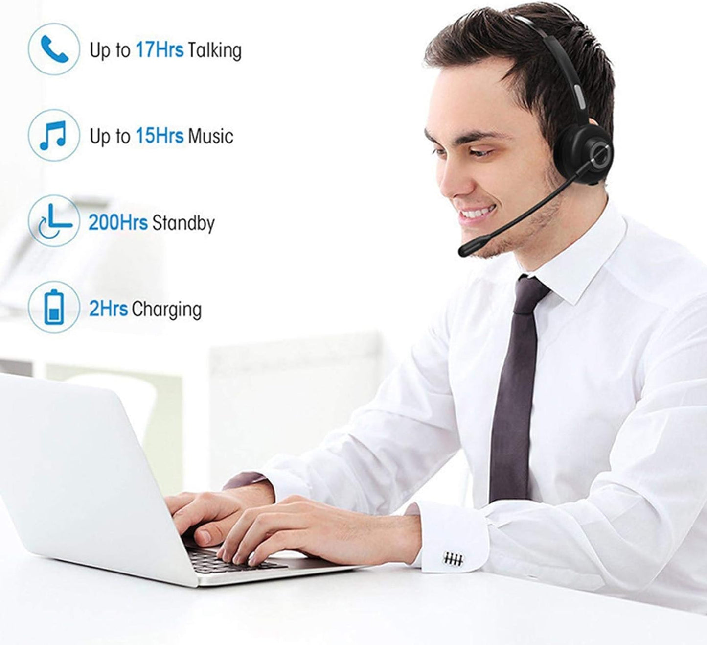BH-M97 On Ear Headset Bluetooth 5.0 Wireless Headphones Call Center Earphone with Noise Cancelling Microphone Adjustable Headband Control with Charging Dock