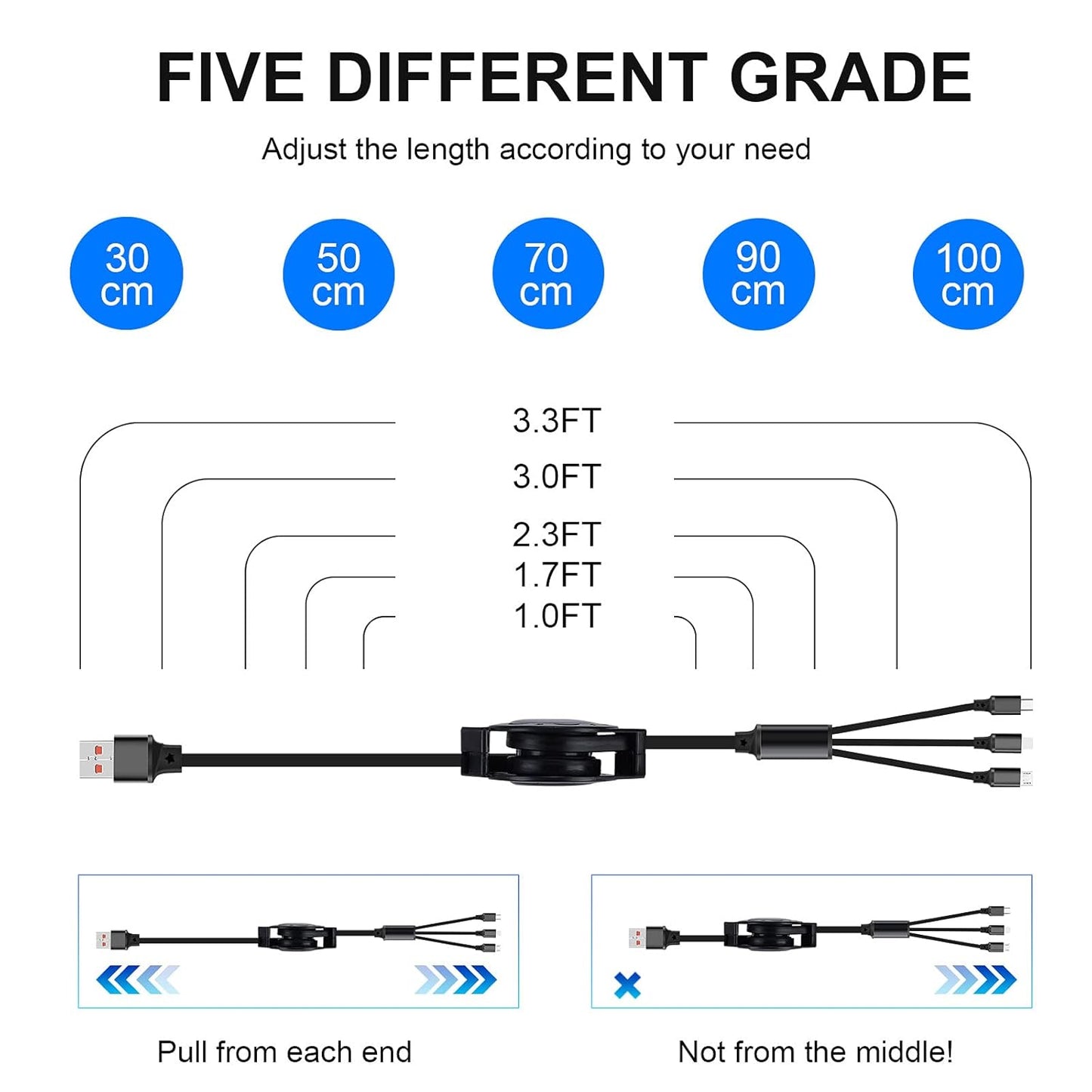 2 Pack 3 in 1 Multi USB Retractable Charger Cable,3A Multiple Charging Cord Adapter with IP/USB-C/Micro-USB Port Adapter, Fast Charging Compatible with Cell Phones Tablets Universal Use