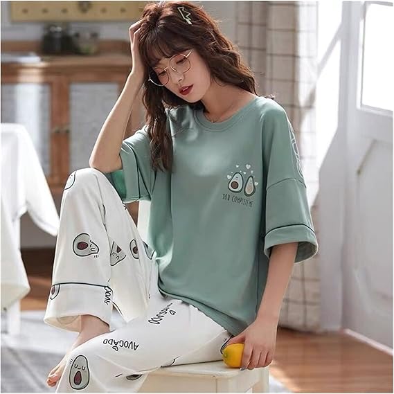 KAKAYO Women Cute Cozy Pajama Set 2 Pieces Casual Summer Short Sleeve Sleepwear Homewear for Ladies