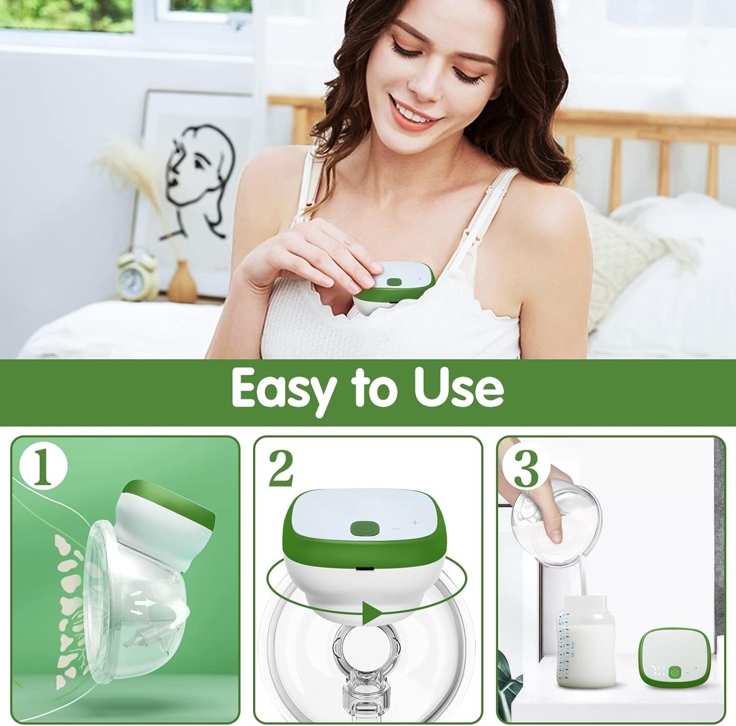 Breast Pump, Hands-Free Wearable Electric Breast Pump Portable Rechargeable LED Display Breastfeeding Breast Pump 3 Modes with 28mm 24mm 21mm Flanges (Green White)