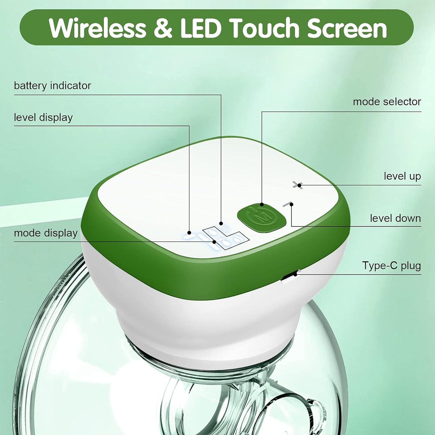 Breast Pump, Hands-Free Wearable Electric Breast Pump Portable Rechargeable LED Display Breastfeeding Breast Pump 3 Modes with 28mm 24mm 21mm Flanges (Green White)