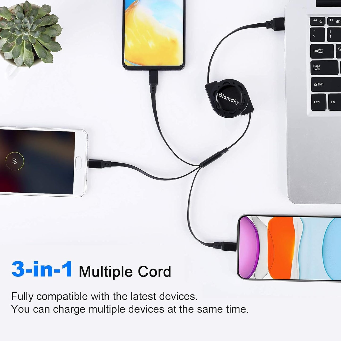 2 Pack 3 in 1 Multi USB Retractable Charger Cable,3A Multiple Charging Cord Adapter with IP/USB-C/Micro-USB Port Adapter, Fast Charging Compatible with Cell Phones Tablets Universal Use