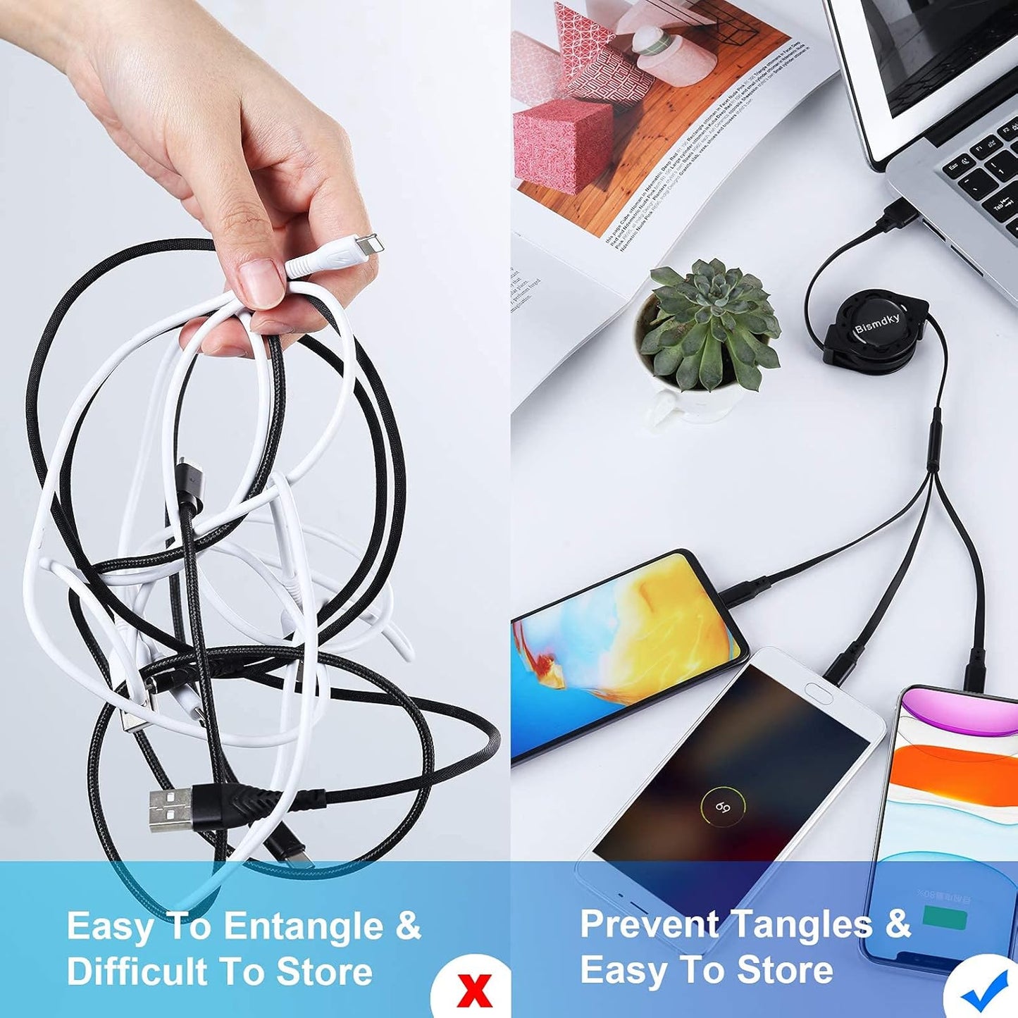 2 Pack 3 in 1 Multi USB Retractable Charger Cable,3A Multiple Charging Cord Adapter with IP/USB-C/Micro-USB Port Adapter, Fast Charging Compatible with Cell Phones Tablets Universal Use
