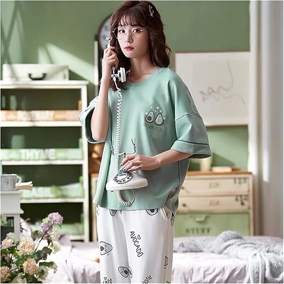 KAKAYO Women Cute Cozy Pajama Set 2 Pieces Casual Summer Short Sleeve Sleepwear Homewear for Ladies