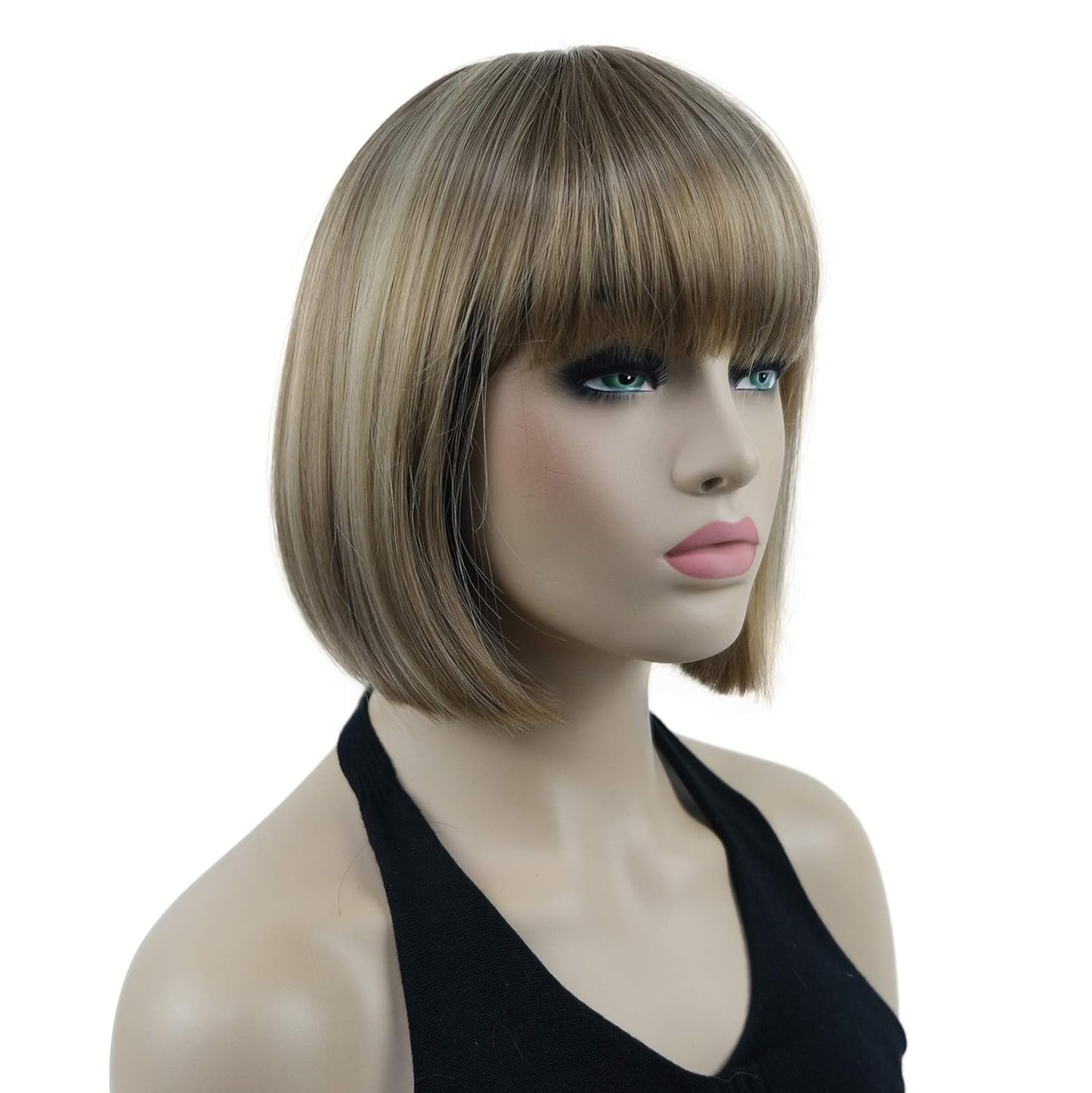 Lydell 8" Straight Short Bob Hair Flat Bangs Cute Central Dot Skin Top Heat Resistant Synthetic Wigs (14-24 Lt Golden Brown)