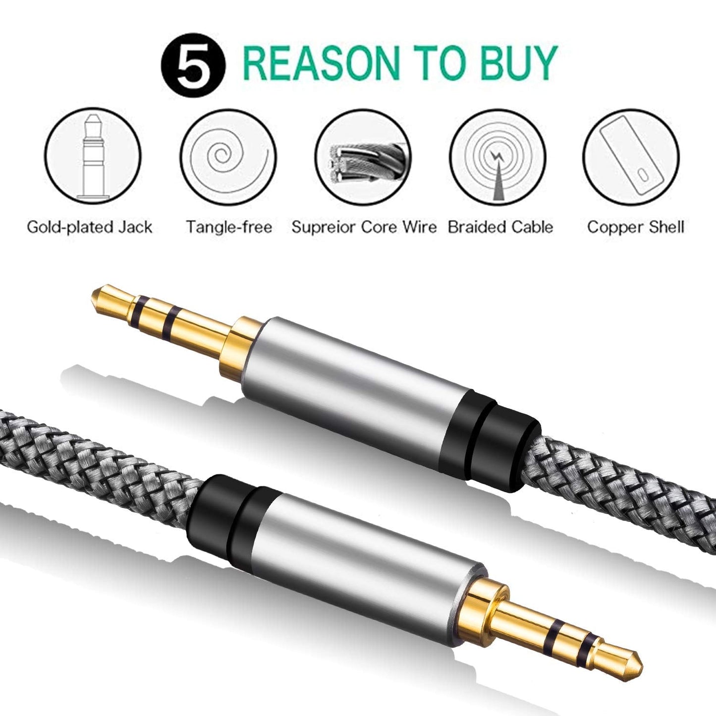 3.5mm Nylon Braided Aux Cable 15Ft, Audio Auxiliary Input Adapter Male to Male Cord for Headphones, Car, Home Stereos, Speaker, iPhone, iPad, iPod & More(15Ft/5M, Silver)