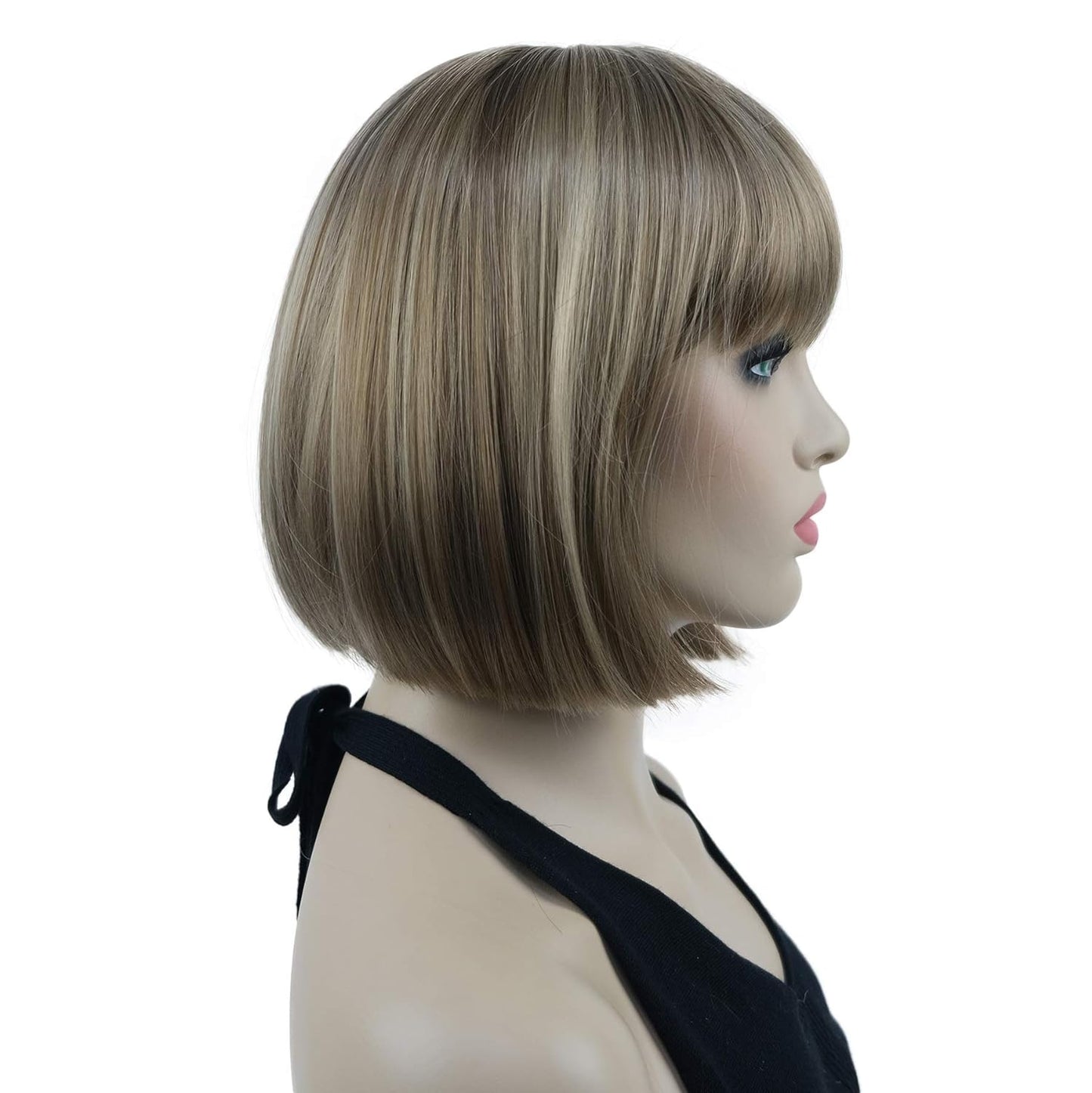 Lydell 8" Straight Short Bob Hair Flat Bangs Cute Central Dot Skin Top Heat Resistant Synthetic Wigs (14-24 Lt Golden Brown)