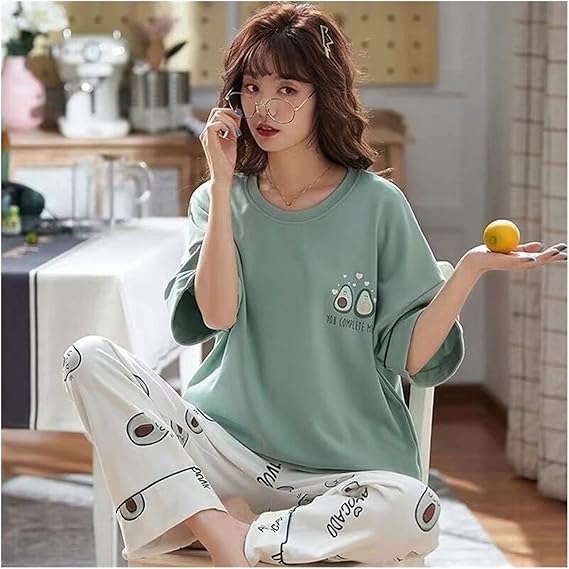 KAKAYO Women Cute Cozy Pajama Set 2 Pieces Casual Summer Short Sleeve Sleepwear Homewear for Ladies