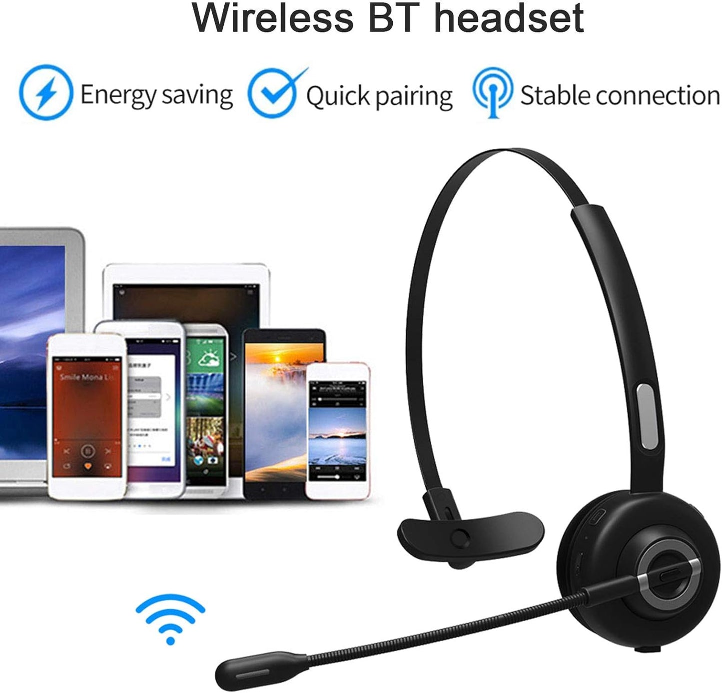 BH-M97 On Ear Headset Bluetooth 5.0 Wireless Headphones Call Center Earphone with Noise Cancelling Microphone Adjustable Headband Control with Charging Dock