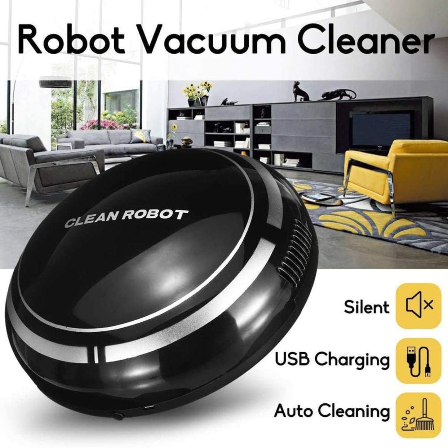 Robot Vacuum Cleaner, Smart Robot USB Vacuum Cleaner Auto Robotic Vacuumms, 3 in 1 Robotic Floors Sweep Mop Sweeper Super Quiet Mini Cleaning Robot for Pet Hair, Hard Floor (Black)