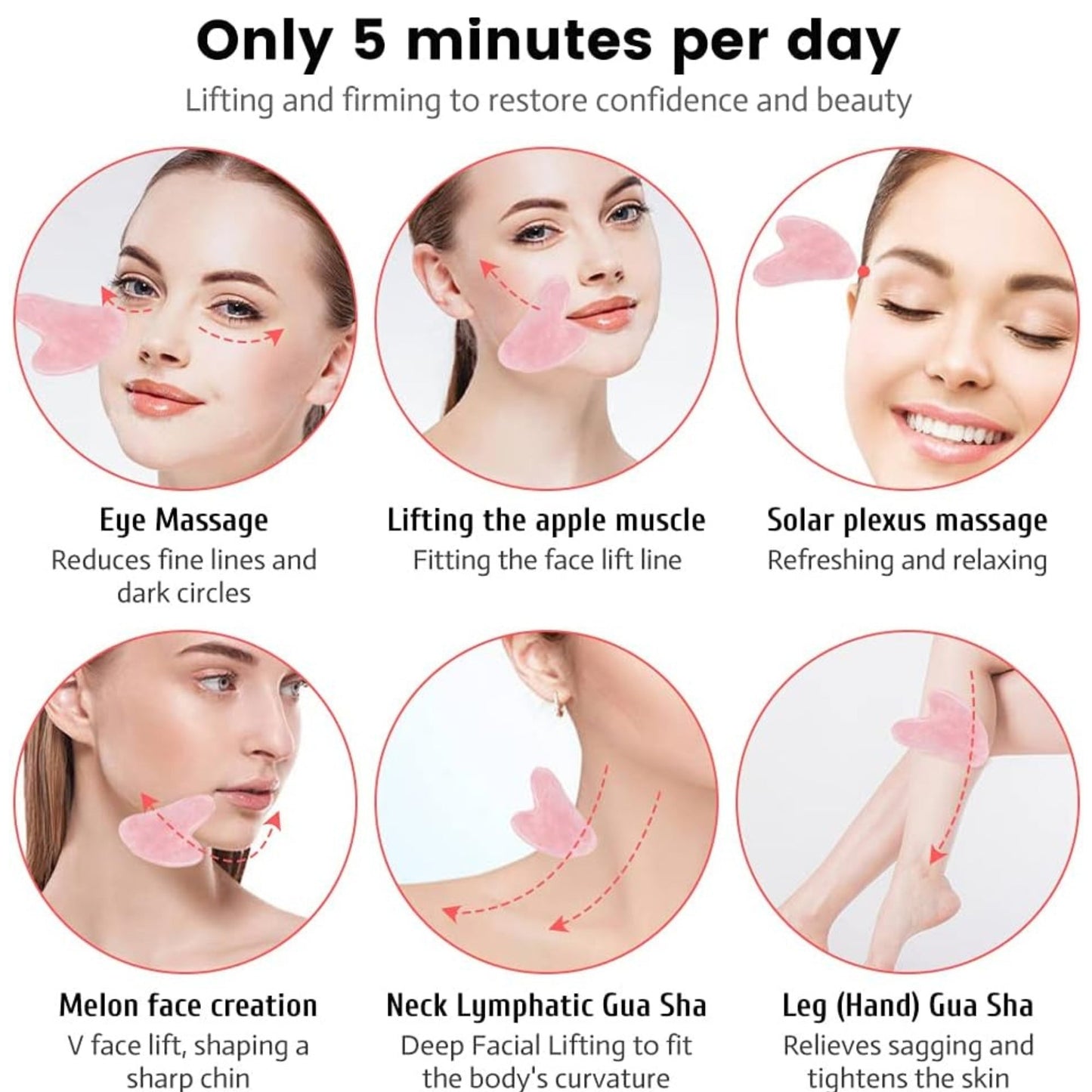 Gua Sha Stone Pink, Hillylolly Gua Sha Stone Face Pink, Gua Sha Stone Rose Quartz, Skin Tightening for Chin, Cheek, Neck, Back, Spa (Pink)
