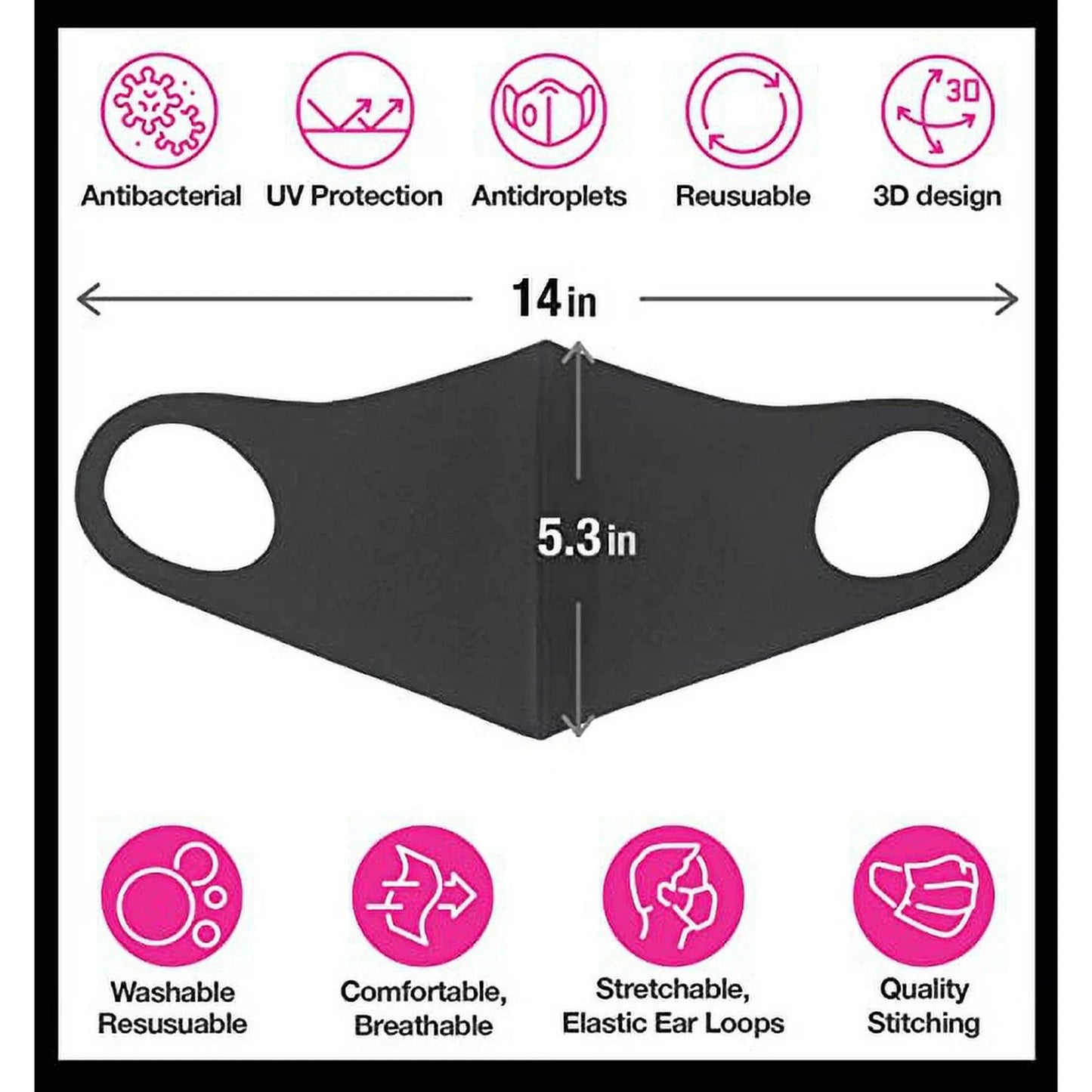 CBC Crown Unisex Adult 5 Pack Black Solid Color Reusable Cloth Face Mask