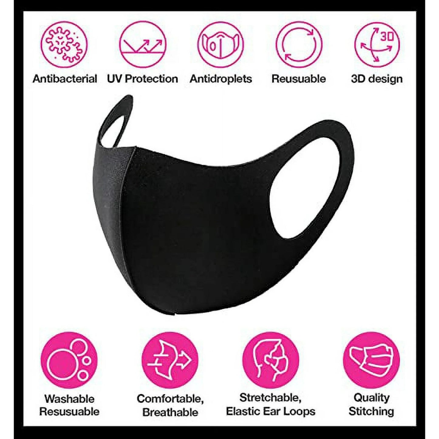 CBC Crown Unisex Adult 5 Pack Black Solid Color Reusable Cloth Face Mask
