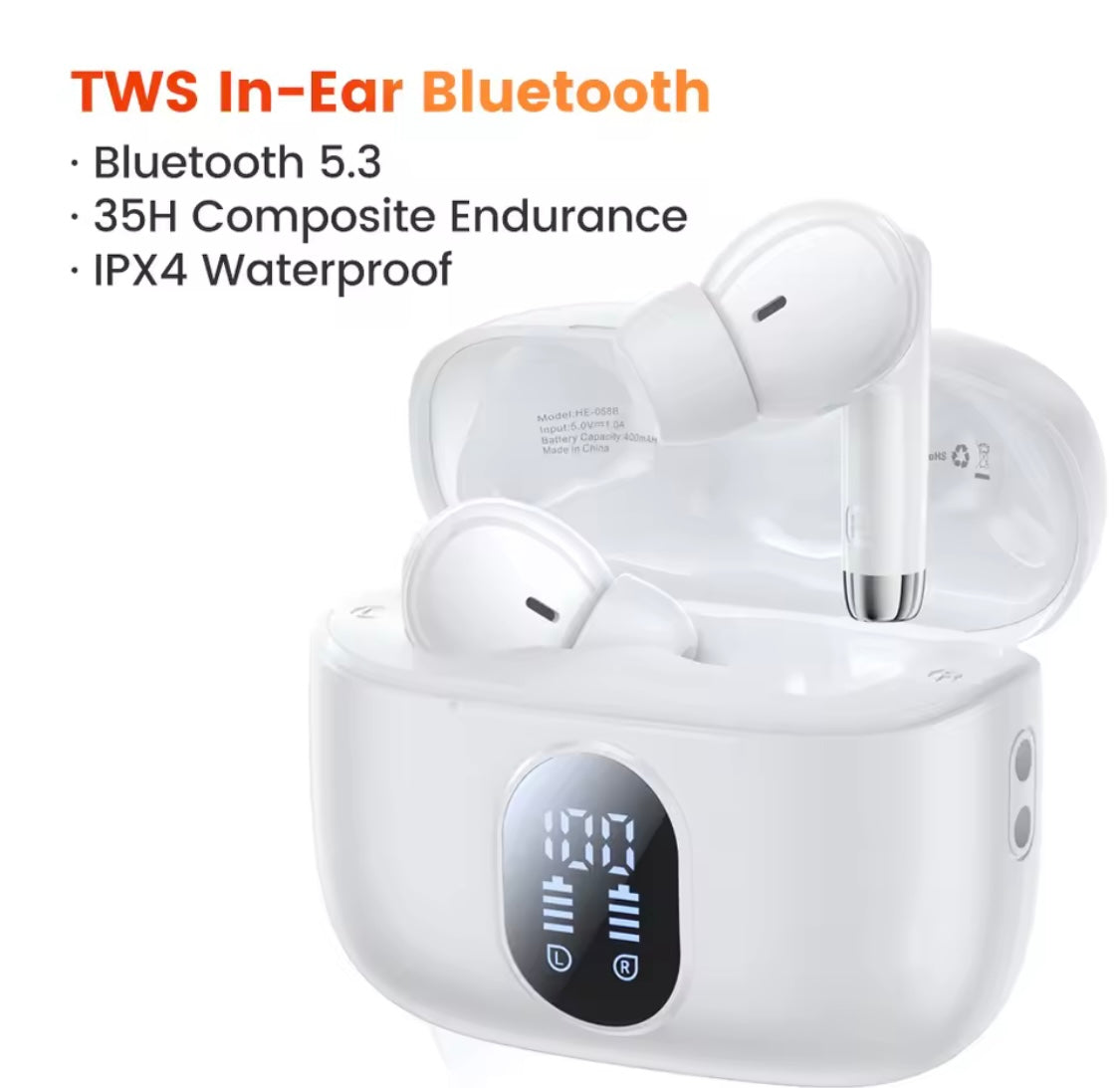 Toocki 58B LED Digital TWS Bluetooth 5.3 Wireless Earphones Panoramic Hifi Stereo Headphones Waterproof Sports Headsets With Mic (White)