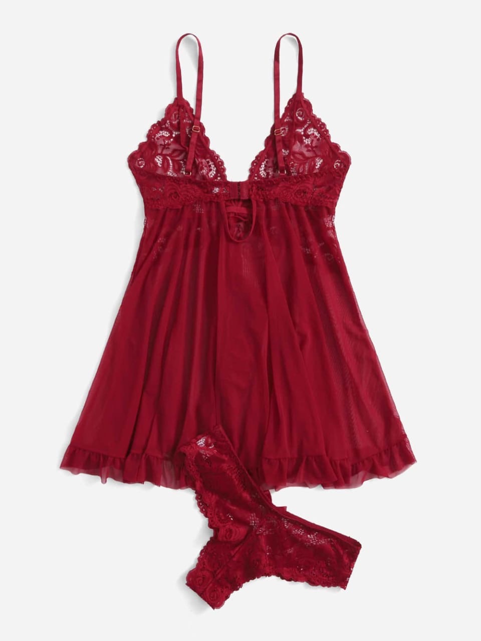 Maroon Red Lace Babydoll Lingerie Set with Thong | Sheer Mesh Chemise Sleepwear