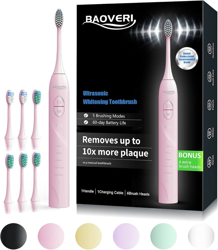BAOVERI Electric Toothbrush with 8 Brush Heads for Adults&Kids, Ultrasonic Electric Toothbrushes, 5 Modes & 3 Intensity Levels