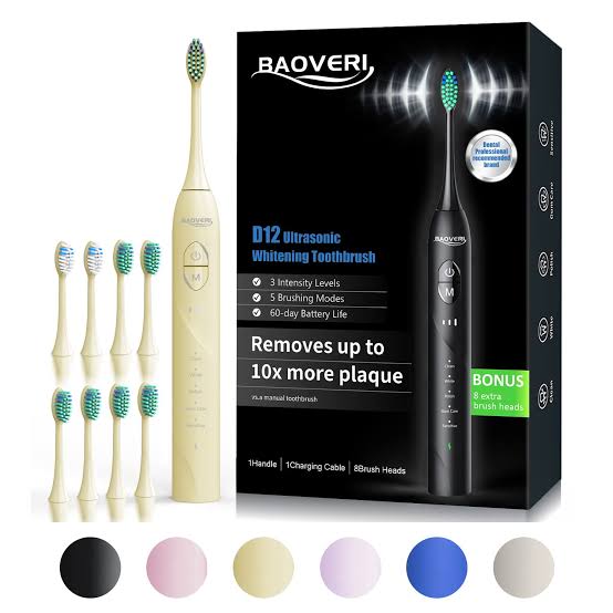 BAOVERI Electric Toothbrush with 8 Brush Heads for Adults&Kids, Ultrasonic Electric Toothbrushes, 5 Modes & 3 Intensity Levels