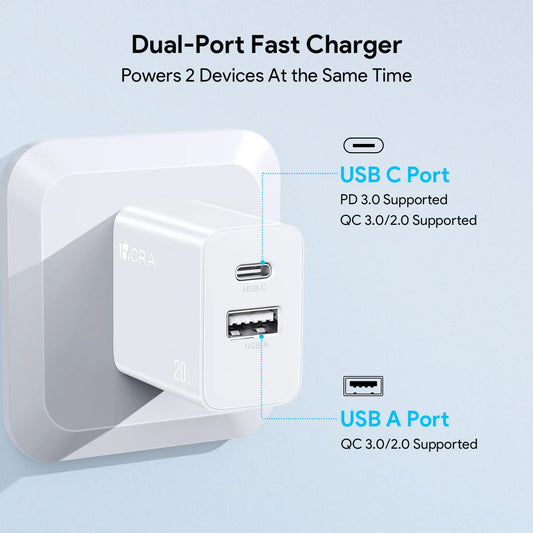 1Hora Dual Fast Charger Type-C & USB-A Ports 20W with 1m Type-C to Type-C Fast Charging Cable - White