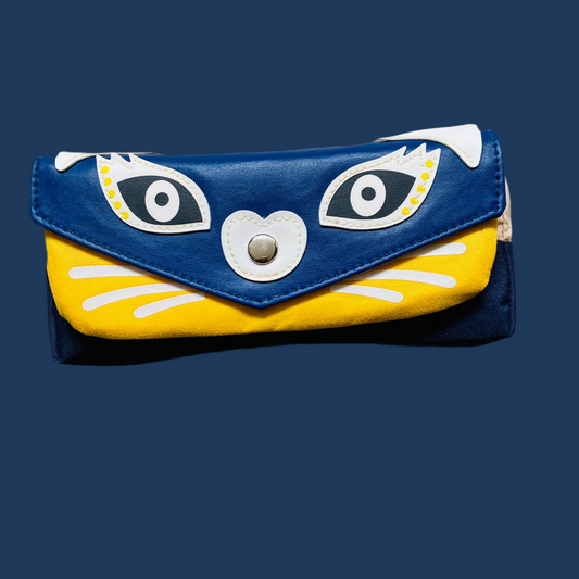 Adorable Blue & Yellow Cat Face Pouch / Cosmetic Bag / Pencil Case