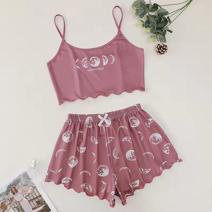 Two Piece Women's Printed Moon Pattern Camouflage Suspender Top and Shorts Summer Women's Casual Home Shorts Pajama Set