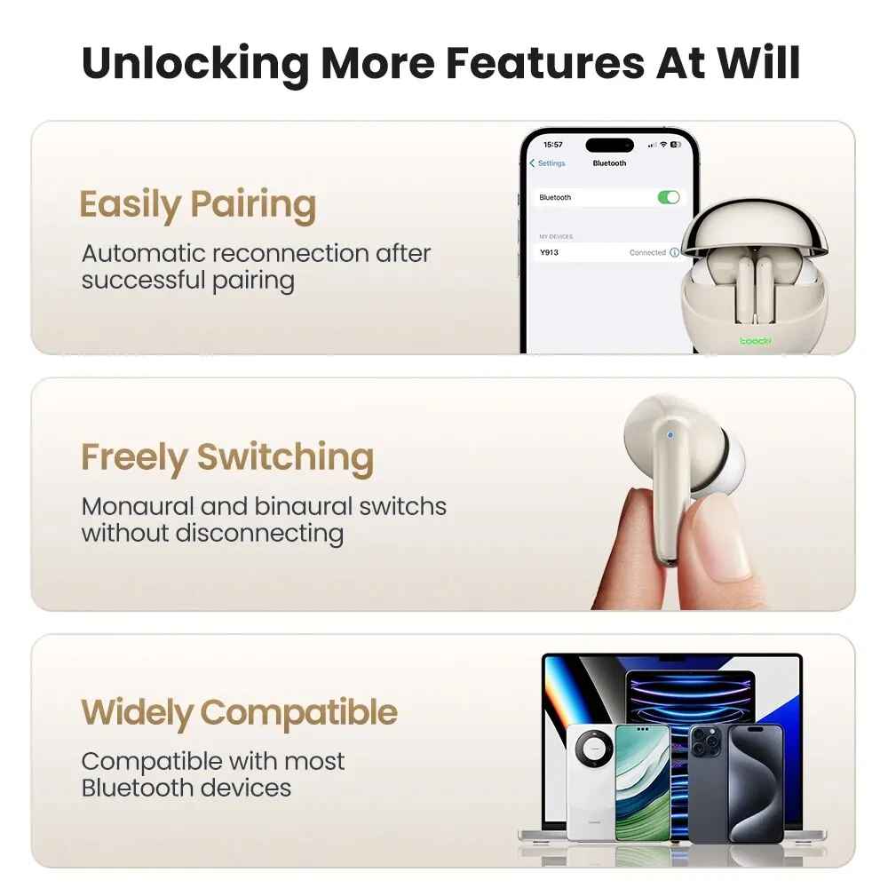 Toocki Y913 Wireless Earphones TWS Bluetooth 5.3 Headphone Sports Headset HIFI Music Earbuds With Microphone