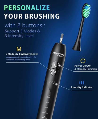 Sonic Electric Toothbrush for Adults, Wireless Rechargeable Power Toothbrush, 8 Brush Heads & Travel Case,One Charge for 60 Days