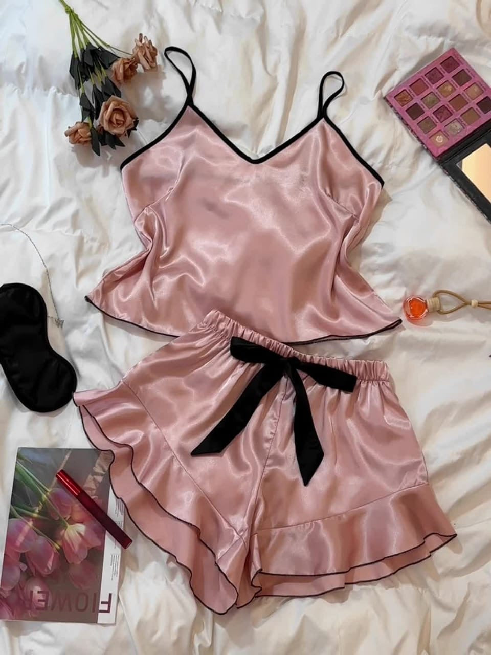 Women Ice Silk Pajamas Set 2 Pieces Loungewear Suits Contrast Color Camisoles Tank Tops and Shorts Sleepwear Outfits