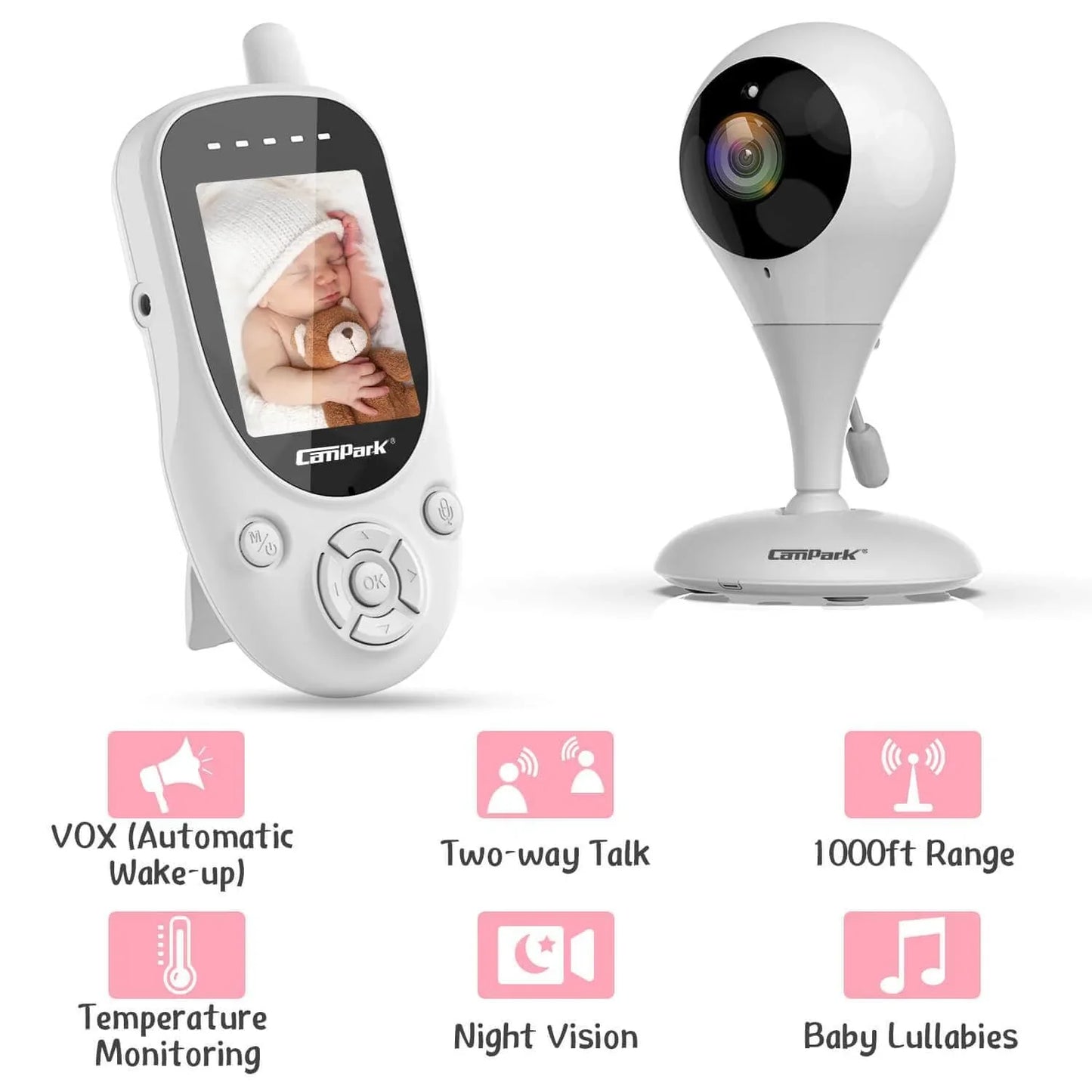 Campark BM20 Baby Monitor, Video Monitor with 2.4'' Display Screen, Moniteur Bébé Camera & 2.4GHz Wireless Transmission,Two-Way Talk,Auto Infrared Night Vision, VOX Mode and Temperature Detection,