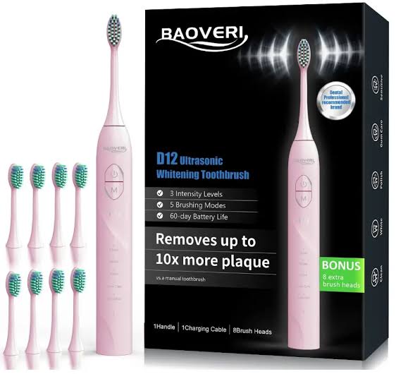 BAOVERI Electric Toothbrush with 8 Brush Heads for Adults&Kids, Ultrasonic Electric Toothbrushes, 5 Modes & 3 Intensity Levels