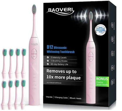 BAOVERI Electric Toothbrush with 8 Brush Heads for Adults&Kids, Ultrasonic Electric Toothbrushes, 5 Modes & 3 Intensity Levels