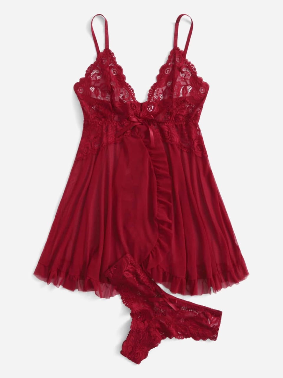 Maroon Red Lace Babydoll Lingerie Set with Thong | Sheer Mesh Chemise Sleepwear