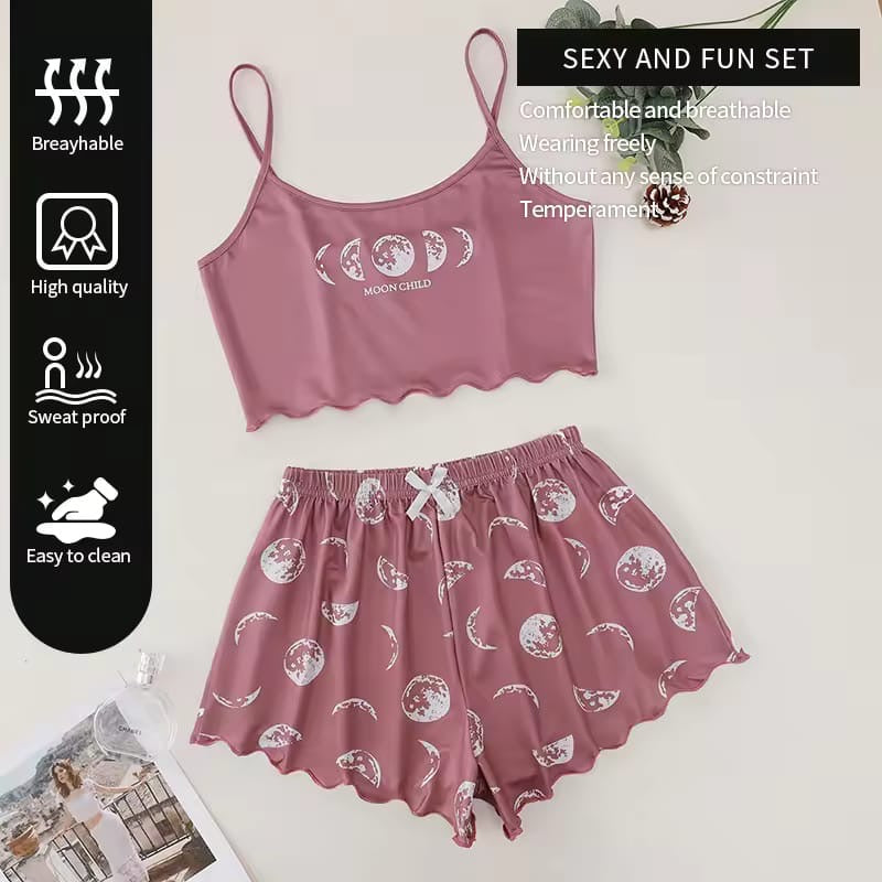 Two Piece Women's Printed Moon Pattern Camouflage Suspender Top and Shorts Summer Women's Casual Home Shorts Pajama Set