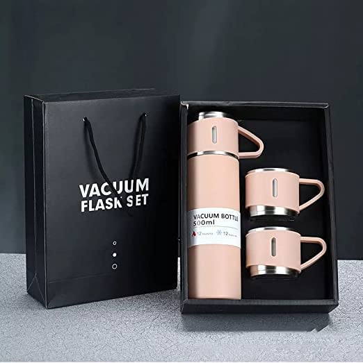 Gift Pack Set Stainless Steel Vacuum Flask Set with 3 Steel Cups Combo Coffee Hot Drink and Cold Water Flask Ideal Gifting Travel Friendly Latest Flask Bottle for Hot and Cold Drink Flask Bottle 500ml