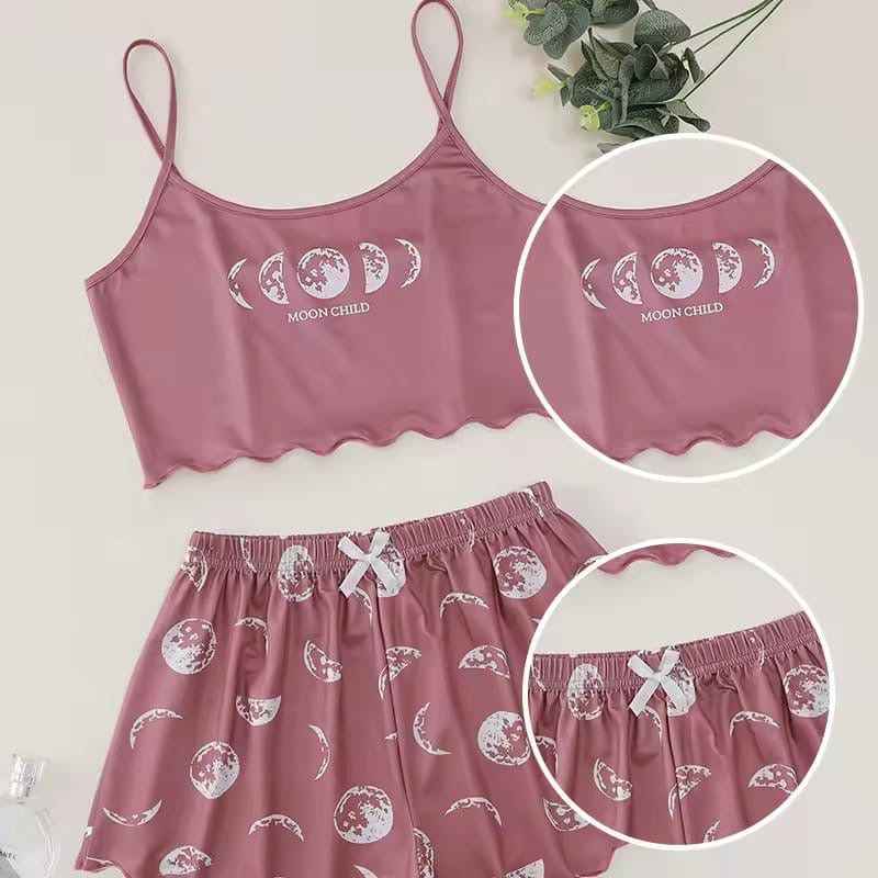 Two Piece Women's Printed Moon Pattern Camouflage Suspender Top and Shorts Summer Women's Casual Home Shorts Pajama Set