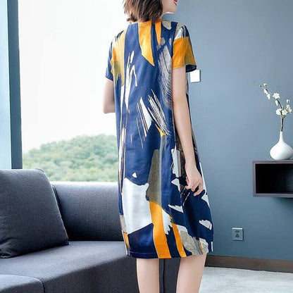 New Women Summer Faux Silk Loose Casual Dress Elegant Office Lady Plus Size O-Neck Dresses Female Vintage