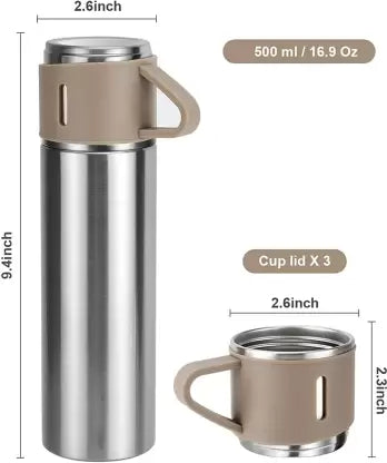 Gift Pack Set Stainless Steel Vacuum Flask Set with 3 Steel Cups Combo Coffee Hot Drink and Cold Water Flask Ideal Gifting Travel Friendly Latest Flask Bottle for Hot and Cold Drink Flask Bottle 500ml