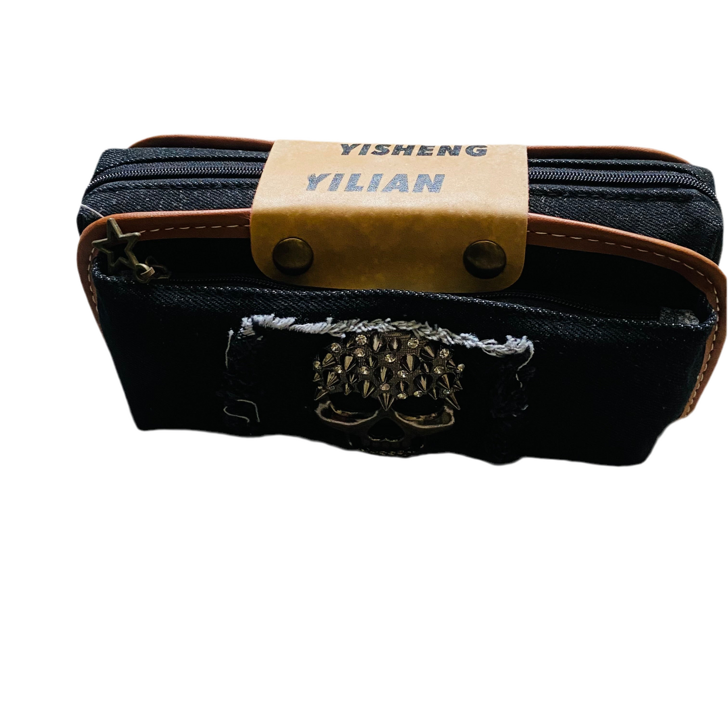 Edgy Skull Design Multipurpose Denim Case – Black with Studded Metal Detail
