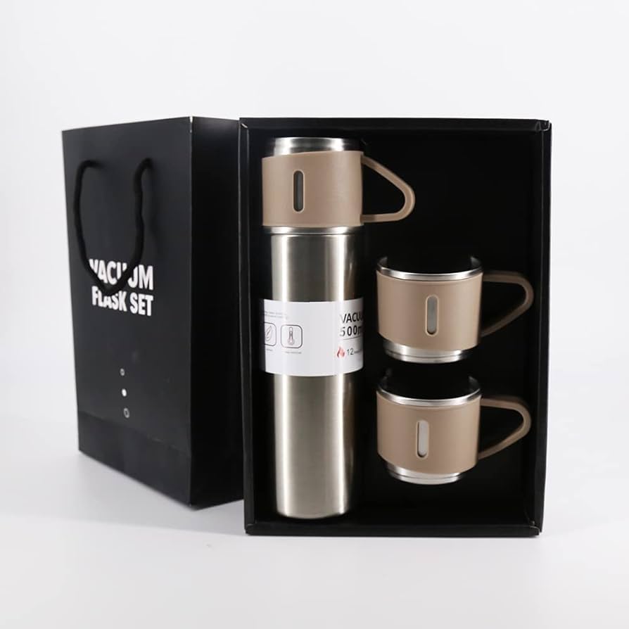 Gift Pack Set Stainless Steel Vacuum Flask Set with 3 Steel Cups Combo Coffee Hot Drink and Cold Water Flask Ideal Gifting Travel Friendly Latest Flask Bottle for Hot and Cold Drink Flask Bottle 500ml