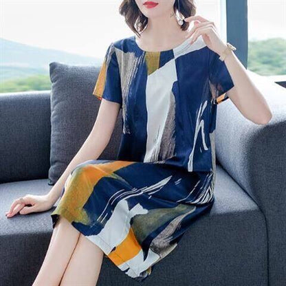 New Women Summer Faux Silk Loose Casual Dress Elegant Office Lady Plus Size O-Neck Dresses Female Vintage