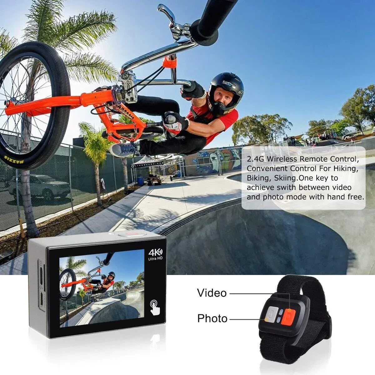 Campark X20C Action Camera Native 4K Ultra HD 20MP with EIS Stabilization Touch Screen, Digital Remote Control Waterproof Camera 40M 2 Batteries and Professional Accessories, Black