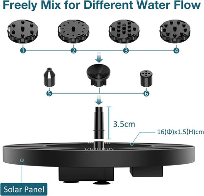 AISITIN 1.5W / 2.5W Solar Bird Bath Fountain with 6 Nozzles, Solar Fountain Pump for Bird Bath, 6.7" Solar Powered Floating Water Fountain Pump for Bird Bath, Ponds, Garden, Fish Tank and Outdoor