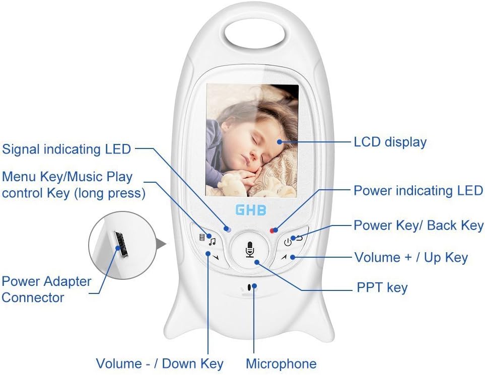 GHB Baby Monitor Video Baby Monitor  with Camera Wireless Baby Monitor 2.0" LCD Display Baby Lullaby Night Vision Temperature Monitoring 2 Way Talk
