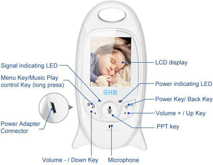 GHB Baby Monitor Video Baby Monitor  with Camera Wireless Baby Monitor 2.0" LCD Display Baby Lullaby Night Vision Temperature Monitoring 2 Way Talk