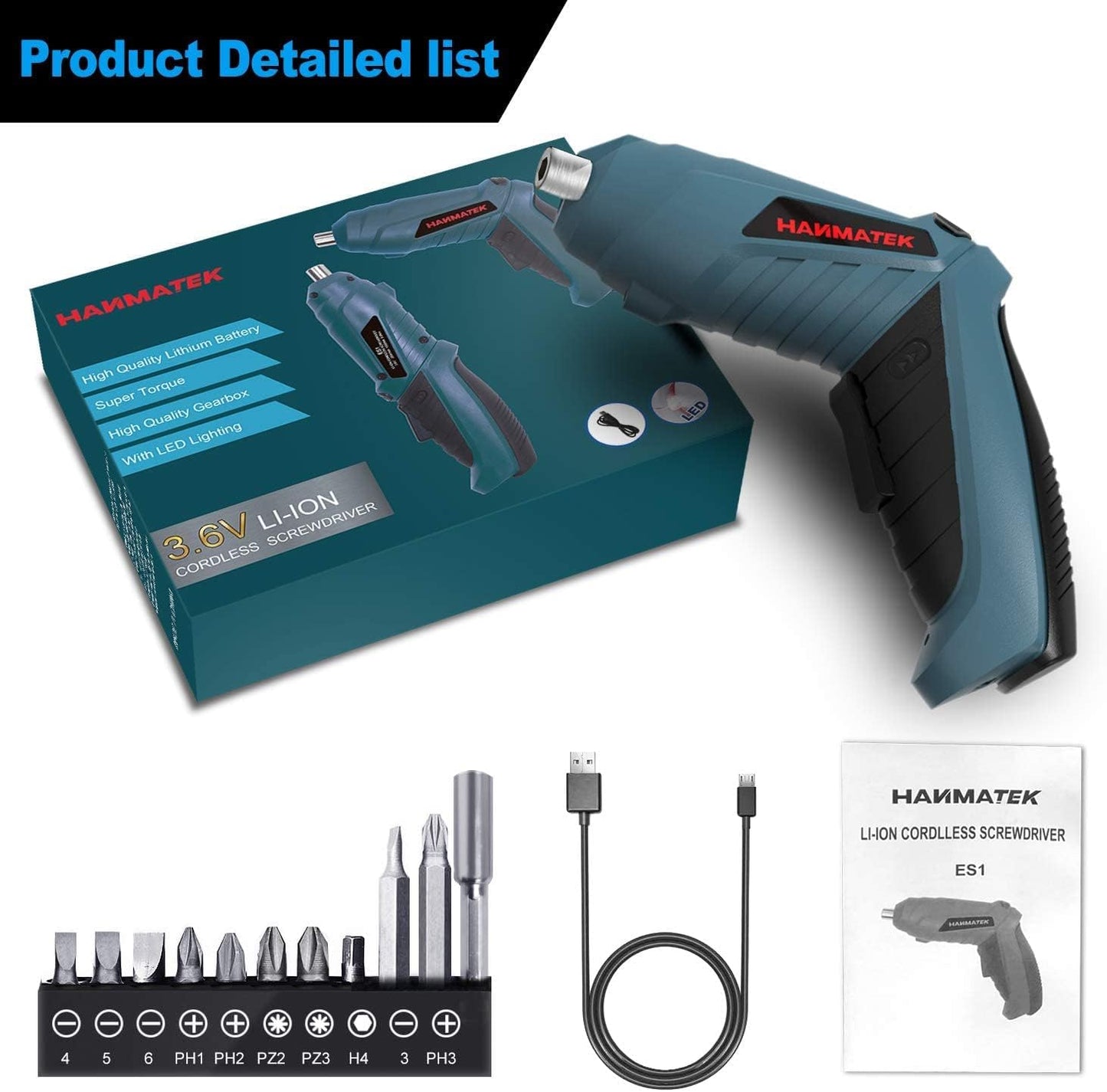 HANMATEK Rechargeable Cordless Screwdriver Kits with straight and pistol style Powerful Electric Screwdriver Small Screw Guns