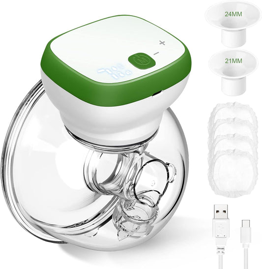 Breast Pump, Hands-Free  Wearable Electric Breast Pump Portable Rechargeable LED Display Breastfeeding Breast Pump 3 Modes with 28mm 24mm 21mm Flanges (Green White)