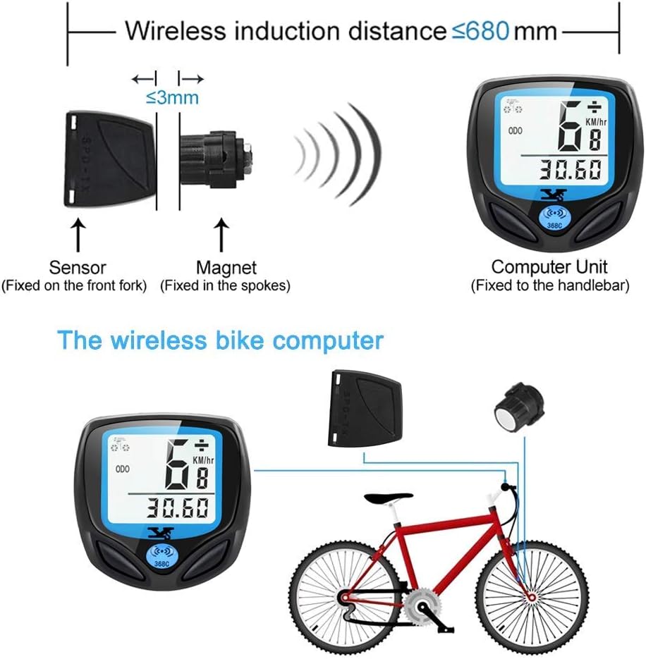 DINOKA Bike Speedometer Waterproof Wireless Bicycle Computer Bike Computer and Cycling Odometer with Automatic Wake-up Multi-Function LCD Backlight Display